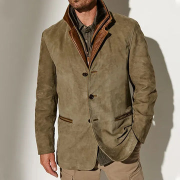 Men Vintage Suede Blazer Jackets Double Layer Lapel Fur Leather Collar Medium Length Coats